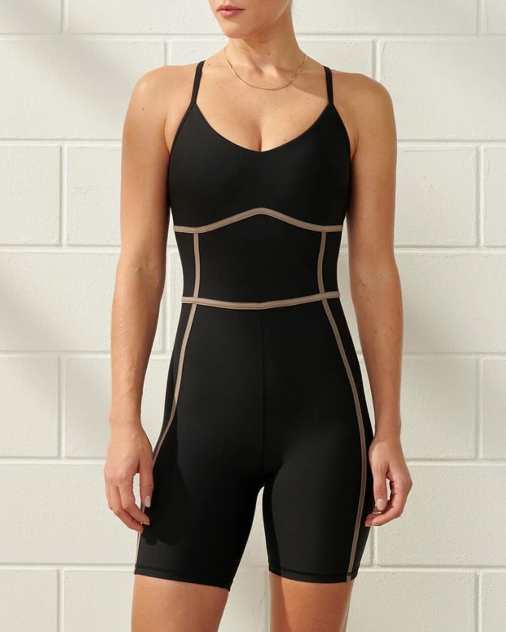 Abercrombie & Fitch YPB Sculptlux Active Romper Black/Taupe Women's Size Medium